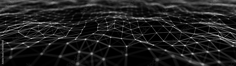 Wall mural network of bright connected dots and lines. abstract dynamic wave of many points. digital background