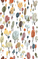 Seamless pattern with colorful trees on a white background. Autumn forest.
