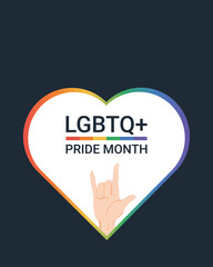 Love has no gender. LGBTQ Pride month concept. Symbol of love symbol hand with rainbow colors heart sign isolated on dark background. Colorful vector  Illustration with copy space