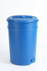 Plastic blue barrel with a large lid, container, for liquids, on a white background