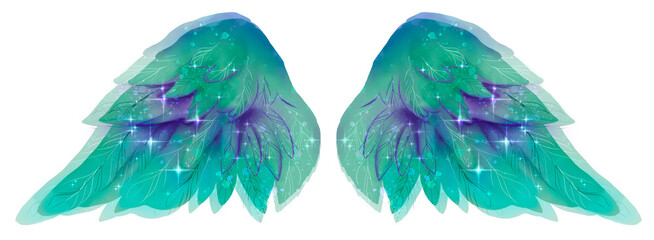 Obraz premium Beautiful magic glittery green violet wings in watercolor style