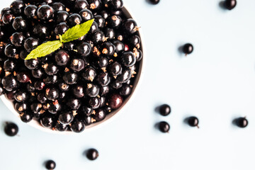 Flat lay composition with black currants in a bowl on a blue background