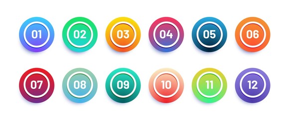 Circle 3d icon set with number bullet point from 1 to 12. Trendy gradient colors