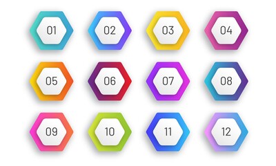 Set of hexagonal bullet point. Colorful gradient markers with number from 1 to 12. Art design