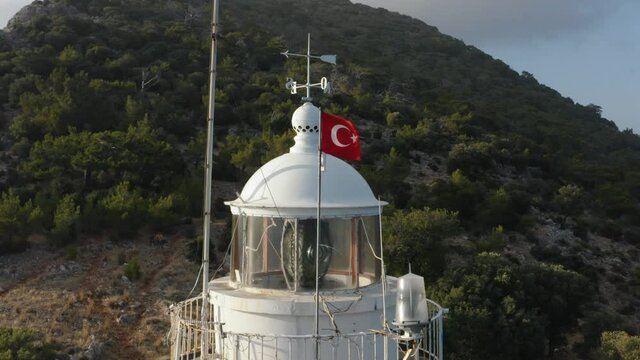 Aerial close shot of lighthouse in Turkey. The lantern room of Gelidonya lighthouse. Drone footage 4K