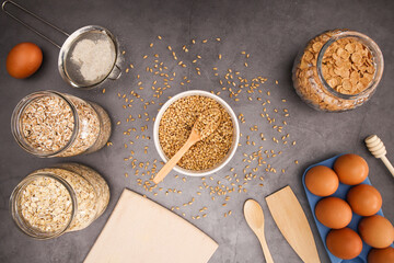 Baking healthy and organic groceries on the kitchen table 