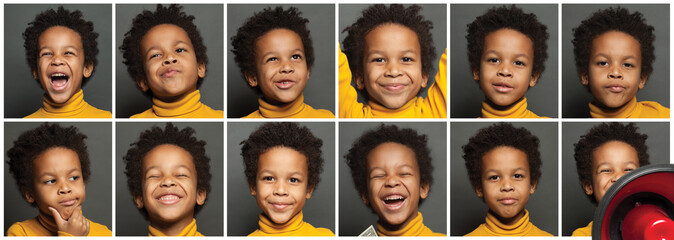 Black child boy faces set, head shot collage