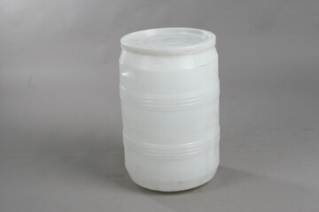 Obraz premium Plastic white food barrel, container, for liquids, on a white background, online store