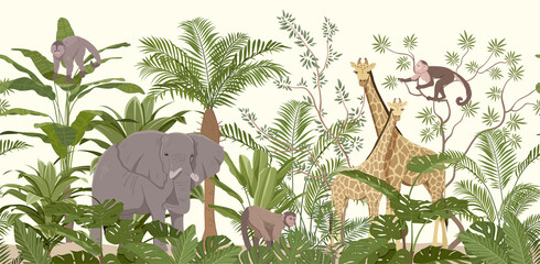 Jungle animal wallpaper with tropical vegetation and giraffes, elephant and monkeys hidden in the foliage, colored vector illustration - obrazy, fototapety, plakaty