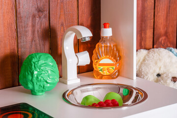 White children's kitchen set for girls with toys