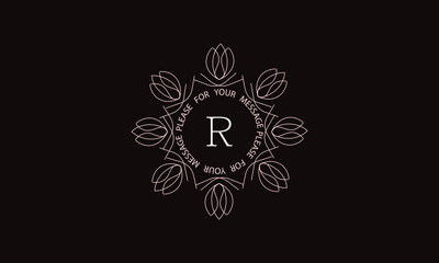 Elegant calligraphic ornament with the letter R. Monogram in brown. Business sign is identical for a boutique, jewelry, restaurant, cafe, hotel, labels.