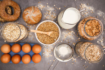 Baking healthy and organic groceries on the kitchen table 