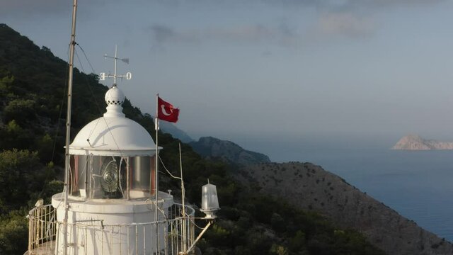 Aerial close shot of lighthouse in Turkey. The lantern room of Gelidonya lighthouse. Drone footage 4K