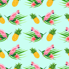 tropical seamless pattern with pink parrots, pineapples and hibiscus flowers on a mint color background, watercolor elements illustration.