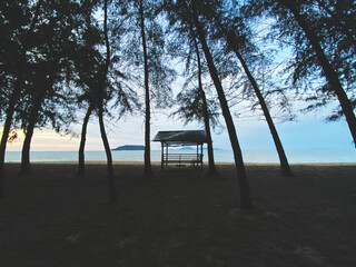 Silhouetted trees and an empty hut at a beach