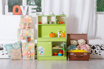 Green children's kitchen set for girls with toys
