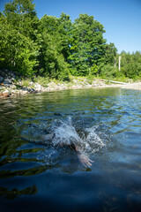 Sunny river in Maine with a person swimming underwater towards the viewer.