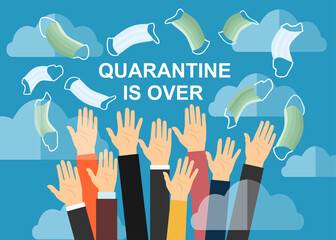 Hands throwing up medical masks, celebrating win over coronavirus covid-19. Celebrating victory over nCoV virus. Ending pandemic quarantine. Vector concept illustration.