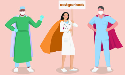 Superhero physician, surgeon and family doctor vector illustration. 3 super doctors and nurse wearing medical masks and gowns. Female and male heroes isolated.