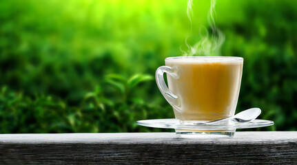Hot coffee cup on the wooden table with blurred nature green background