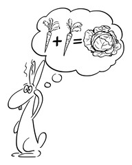 Vector cartoon stick figure drawing conceptual illustration of rabbit, jackrabbit or hare thinking about carrot and mathematics. Concept of education, intelligence and science.