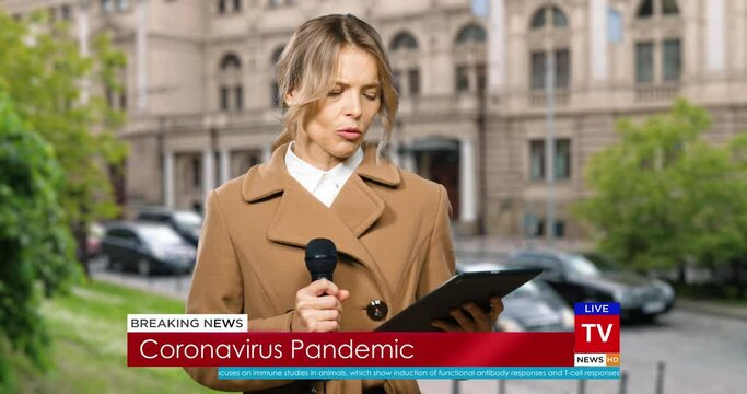 Caucasian female correspondent talking in microphone while being on air in news from center city street. Woman presenter with mic at television broadcast in daytime episode. Coronavirus pandemic.