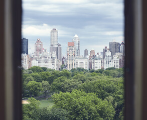 Fototapeta na wymiar Central Park and Manhattan Upper East Side seen through a window, New York City, USA.