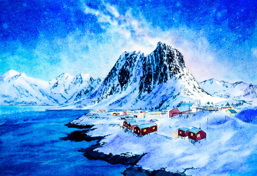 Watercolor Painting - Lofoten Island, Norway
