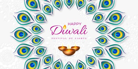 Diwali festival holiday design with paper cut style of peacock feather and diya - oil lamp. Round frame on white background. Vector illustration.