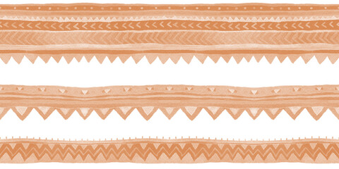 Peach tribal seamless borders with stripes and ornament. Watercolor raster ethnic design element.