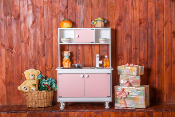 Pink children's kitchen set for girls with toys