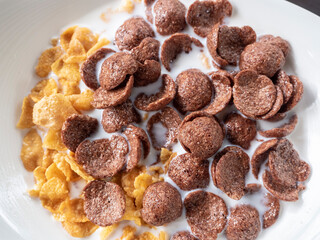 coco and corn flake mixed in a milk bowl.  Combination concepts.