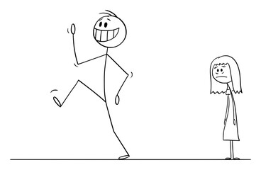 Vector cartoon stick figure drawing conceptual illustration of happy smiling man leaving sad depressed woman in background. Breaking up relationship.