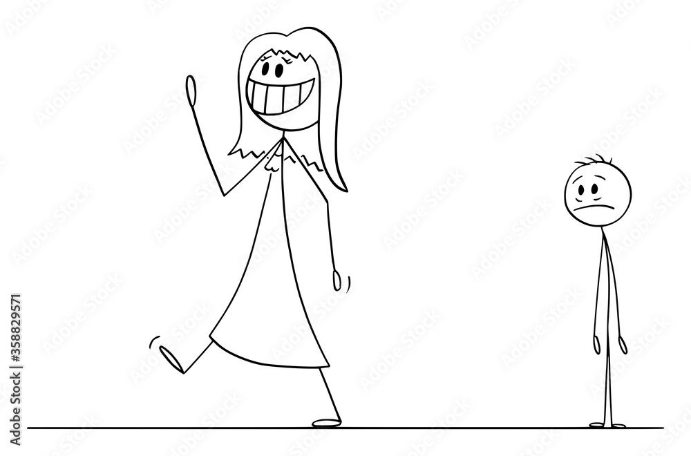 Wall mural vector cartoon stick figure drawing conceptual illustration of happy smiling woman leaving sad depre