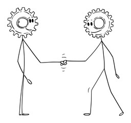 Vector cartoon stick figure drawing conceptual illustration of two men or businessmen with cogwheel heads shaking hand. Business cooperation or contract concept.