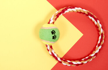 Accessories for Pets. Ring for playing with a dog, on a red and yellow background