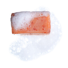Soap with foam bubbles on white background isolation, top view