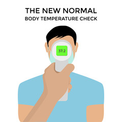 Vector illustration of a man getting his body temperature checked using infrared thermometer device. The new normal post Covid-19 measures.
