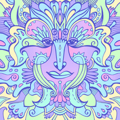 Colorful ornate face of a fairytale elf. Hand-drawn ethnic ornate godess. Tribal boho tattoo. Vector illustration. Woman face surrounded by flower petals and ornaments.
