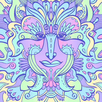 Colorful ornate face of a fairytale elf. Hand-drawn ethnic ornate godess. Tribal boho tattoo. Vector illustration. Woman face surrounded by flower petals and ornaments.
