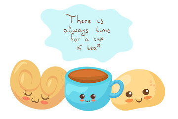 Kawaii Wheat Buns with cup of Tea vector characters isolated on white background. Funny smiling bread. Cute yummy sweet food mascot illustration. Kids menu concept for bakery, coffee shop, food hall. 