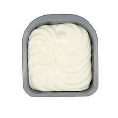 White ice cream background, close-up. Grey plastic container with ice cream isolated on a white background. top view