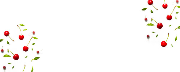 Ripe cherry berry with green leaves levitating on a white background. Berry summer background. Flat lay, top view, copy space