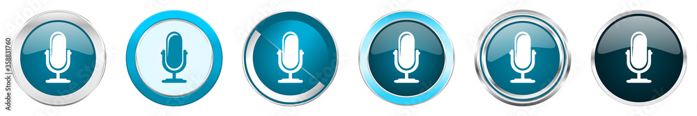 Aufkleber microphone silver metallic chrome border icons in 6 options, set of web blue round buttons isolated 