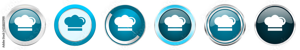 Poster cook silver metallic chrome border icons in 6 options, set of web blue round buttons isolated on whi