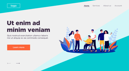 Volunteers helping disabled people. Group of men and women with special needs, on wheelchair, with prosthesis. Vector illustration for support, diversity, disability, lifestyle concept