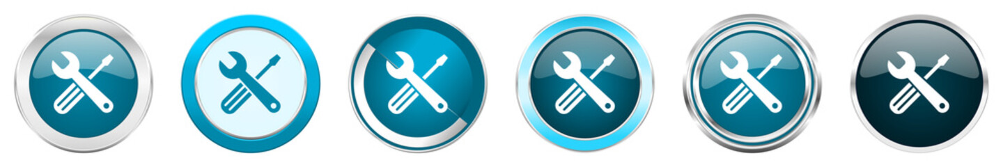 Tools silver metallic chrome border icons in 6 options, set of web blue round buttons isolated on white background