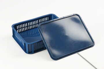 Blue plastic box, container for storing and transferring fruits and vegetables, food, for storing...