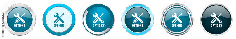 Poster Options silver metallic chrome border icons in 6 options, set of web blue round buttons isolated on white background