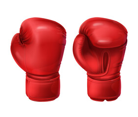 Realistic red boxing gloves, pairs of boxing equipment to protecting hands in fist fight. Vector illustration isolated on white background. Sportswear for a kick workout. Symbol of combat, competition